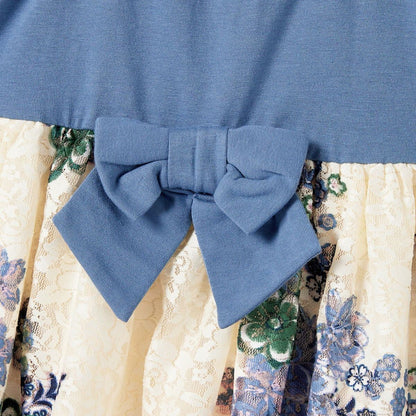 Family Matching Outfits Colorblock Front Pocket T-Shirts and Off Shoulder Floral Lace Bottom Dress - ChildAngle