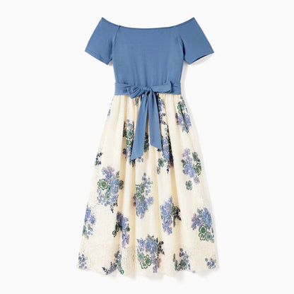 Family Matching Outfits Colorblock Front Pocket T-Shirts and Off Shoulder Floral Lace Bottom Dress - ChildAngle
