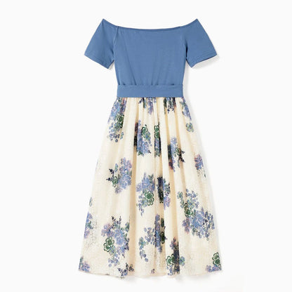 Family Matching Outfits Colorblock Front Pocket T-Shirts and Off Shoulder Floral Lace Bottom Dress - ChildAngle