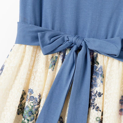 Family Matching Outfits Colorblock Front Pocket T-Shirts and Off Shoulder Floral Lace Bottom Dress - ChildAngle