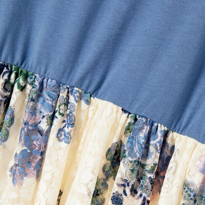 Family Matching Outfits Colorblock Front Pocket T-Shirts and Off Shoulder Floral Lace Bottom Dress - ChildAngle