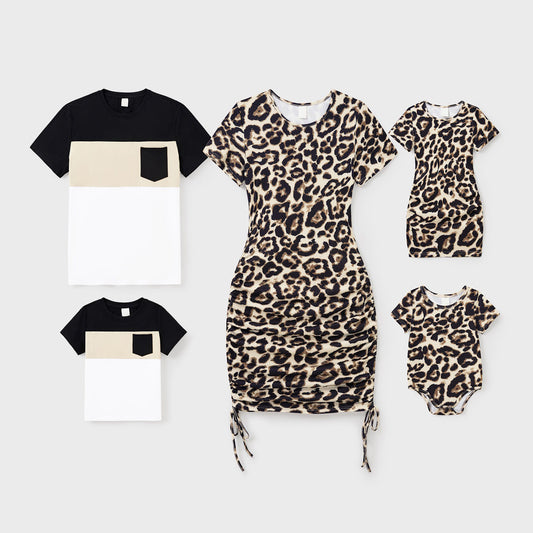 Family Matching Outfits Colorblock Matching Family Shirts and Cheetah Print Drawstring Bodycon Dress - ChildAngle