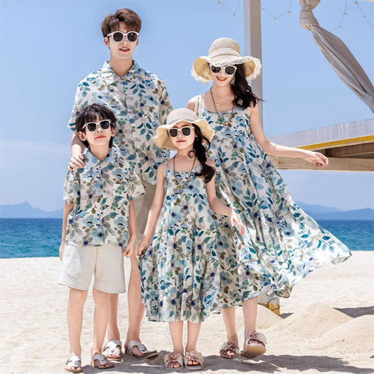 Family matching floral outfits - ChildAngle Flower Leaves Dress Shirts and Shorts