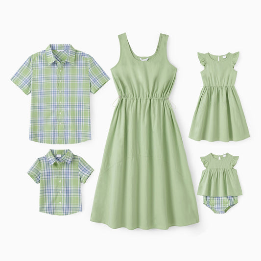 Family Matching Outfits Green Plaid Matching Family Shirts and Elastic Waist Sleeveless A-Line Dress - ChildAngle