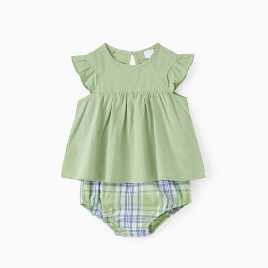 Family Matching Outfits Green Plaid Matching Family Shirts and Elastic Waist Sleeveless A-Line Dress - ChildAngle