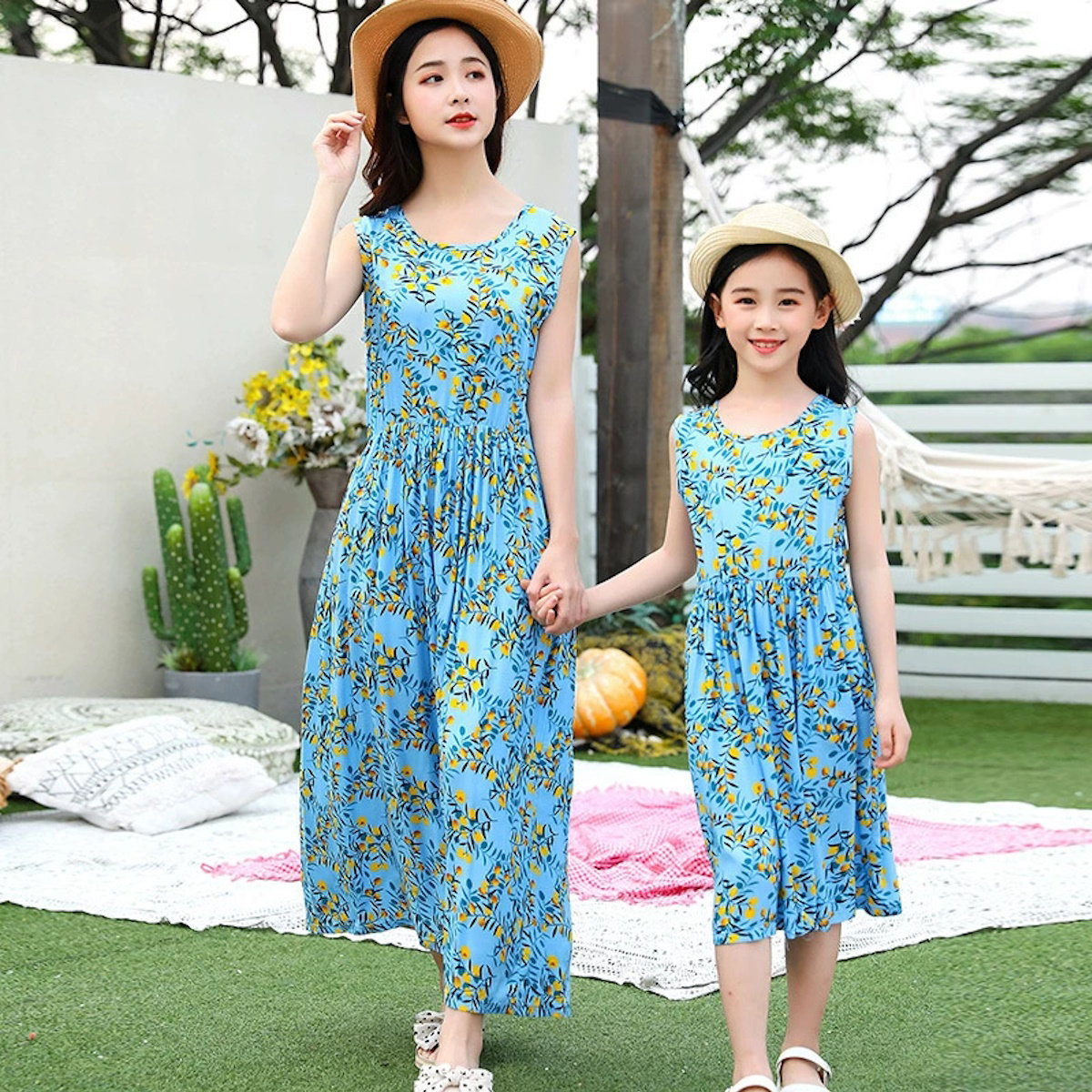 Family Matching Outfits Blue Matching Family and Floral Shirred Tiered Dress - ChildAngle