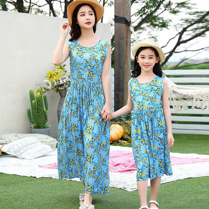 Family Matching Outfits Blue Matching Family and Floral Shirred Tiered Dress - ChildAngle