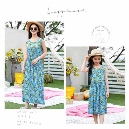 Family Matching Outfits Blue Matching Family and Floral Shirred Tiered Dress - ChildAngle