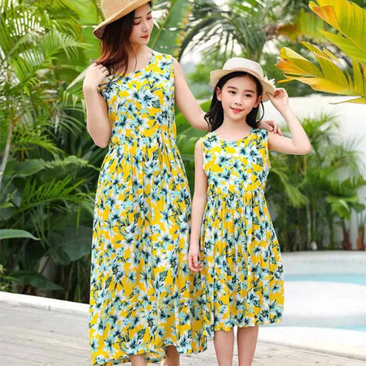 Family Matching Outfits Blue Matching Family and Floral Shirred Tiered Dress - ChildAngle