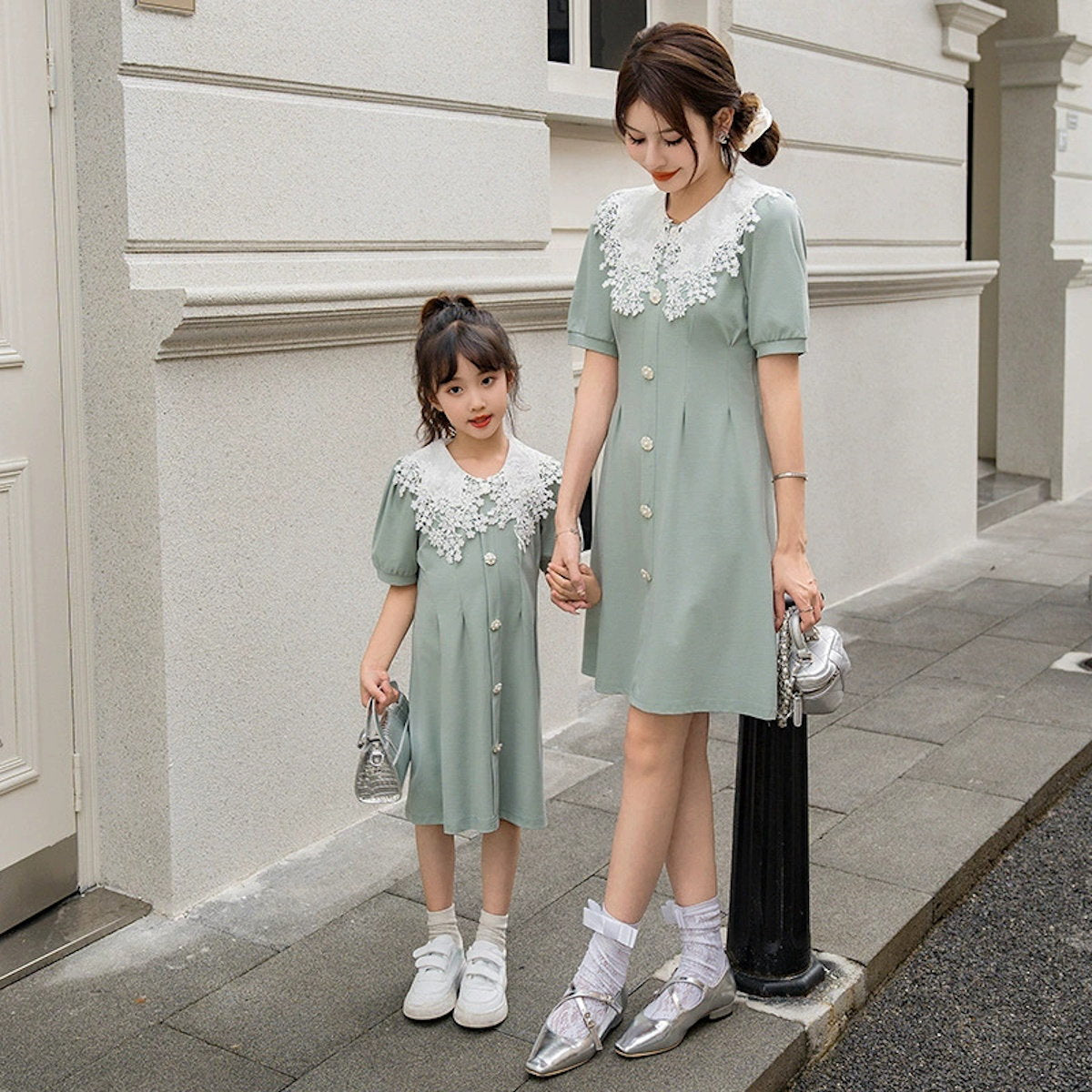 Family Matching Outfits Green Tee and Mint Green Short Sleeve Dress - ChildAngle