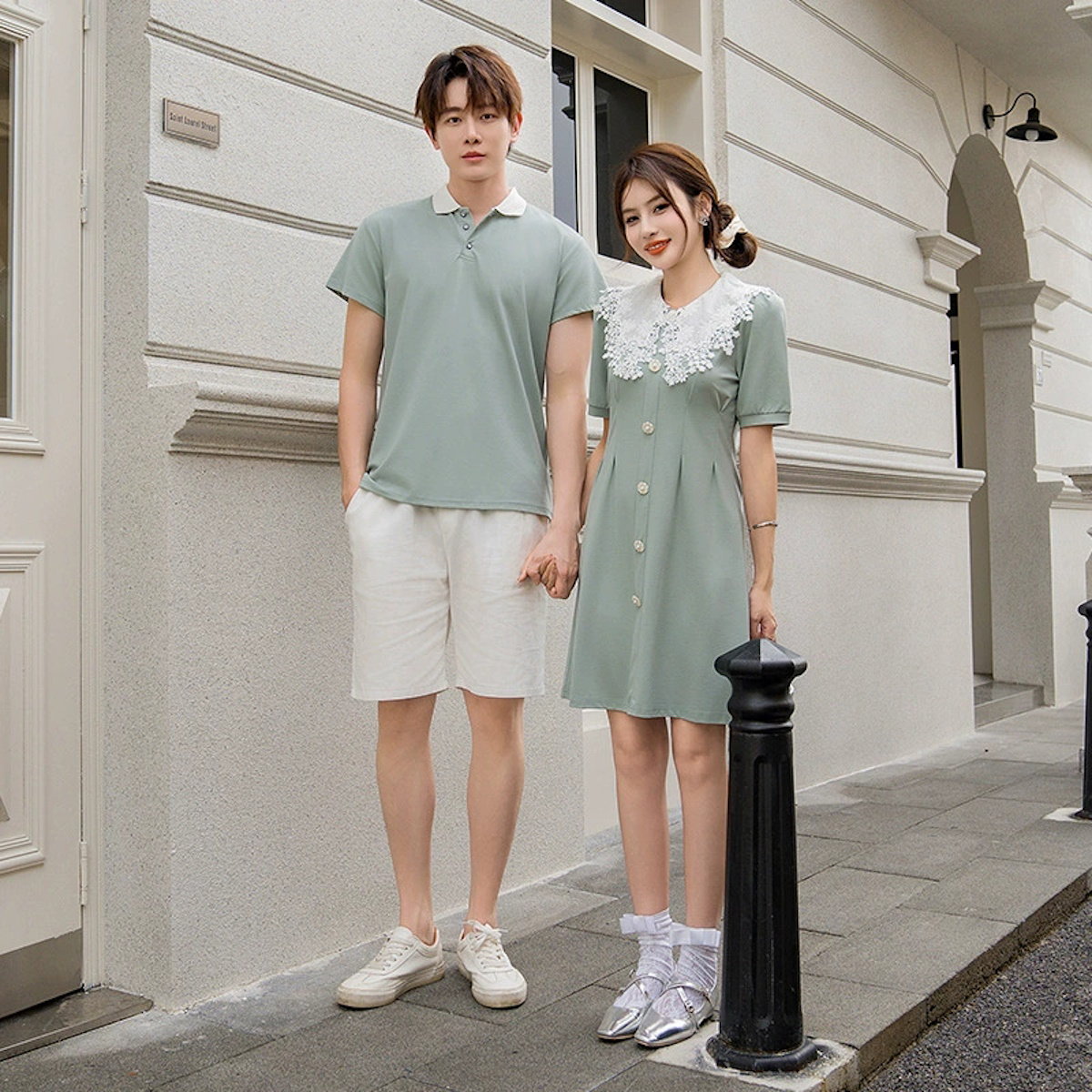 Family Matching Outfits Green Tee and Mint Green Short Sleeve Dress - ChildAngle
