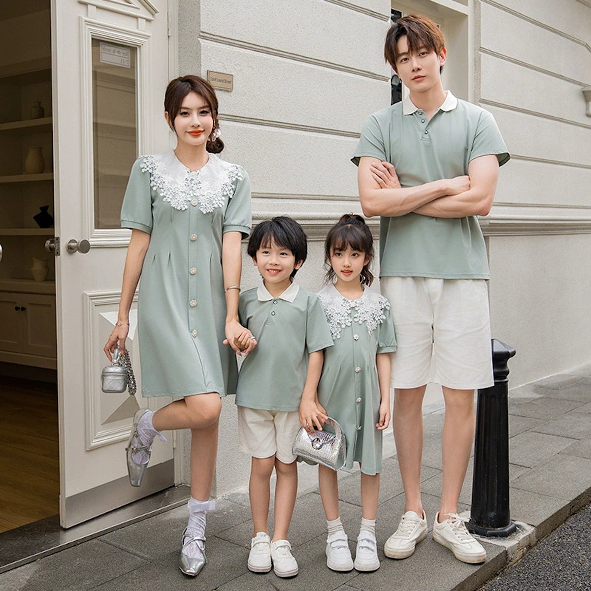 Family Matching Outfits Green Tee and Mint Green Short Sleeve Dress - ChildAngle