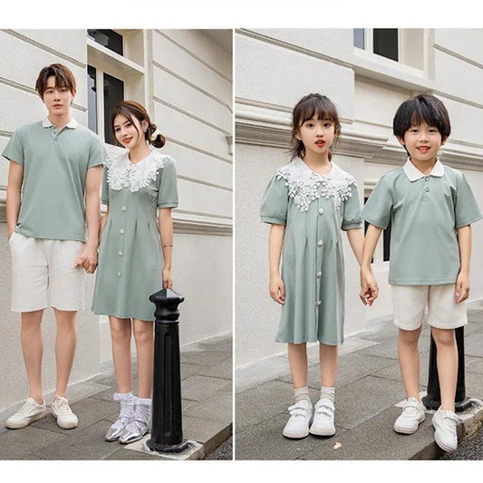 Family Matching Outfits Green Tee and Mint Green Short Sleeve Dress - ChildAngle