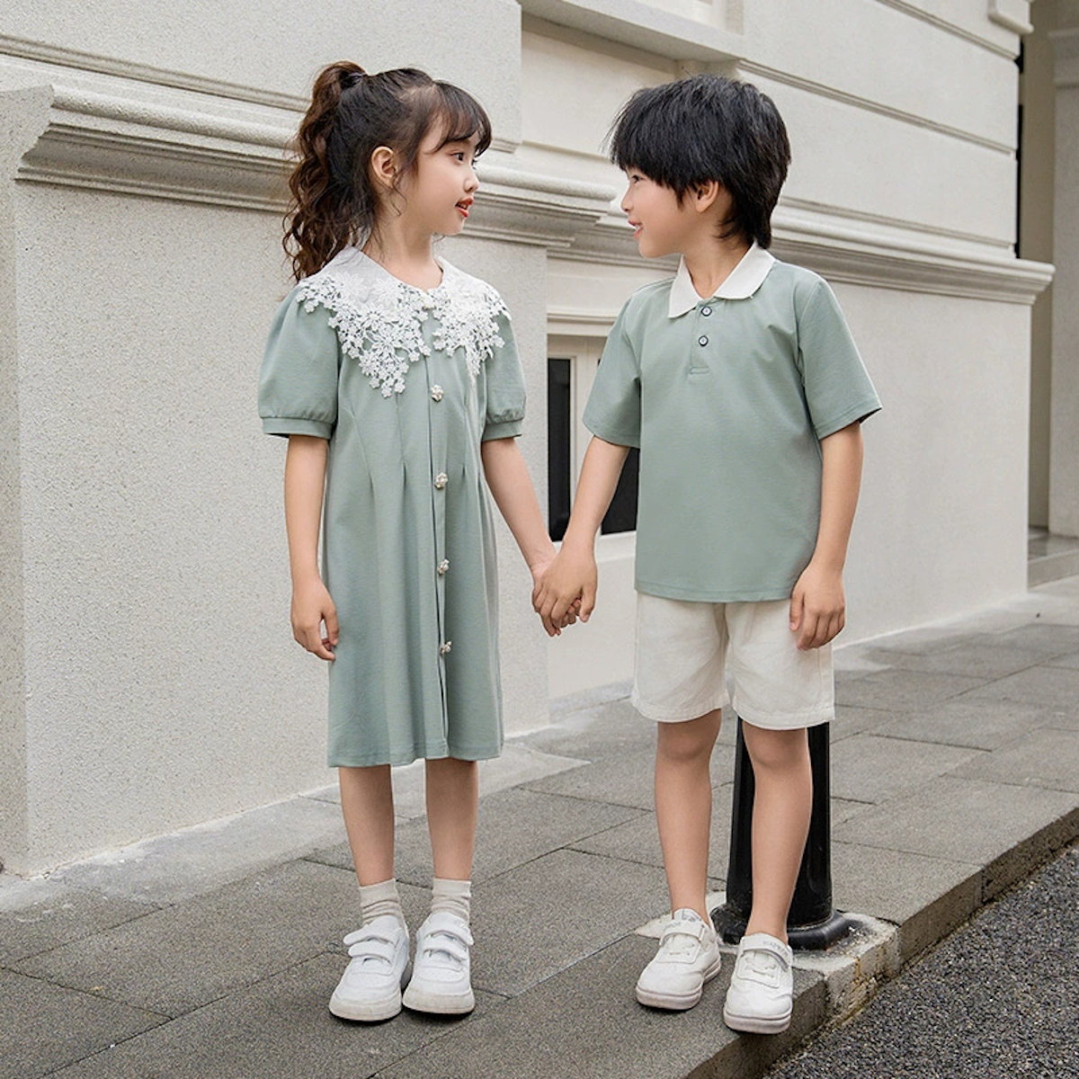 Family Matching Outfits Green Tee and Mint Green Short Sleeve Dress - ChildAngle