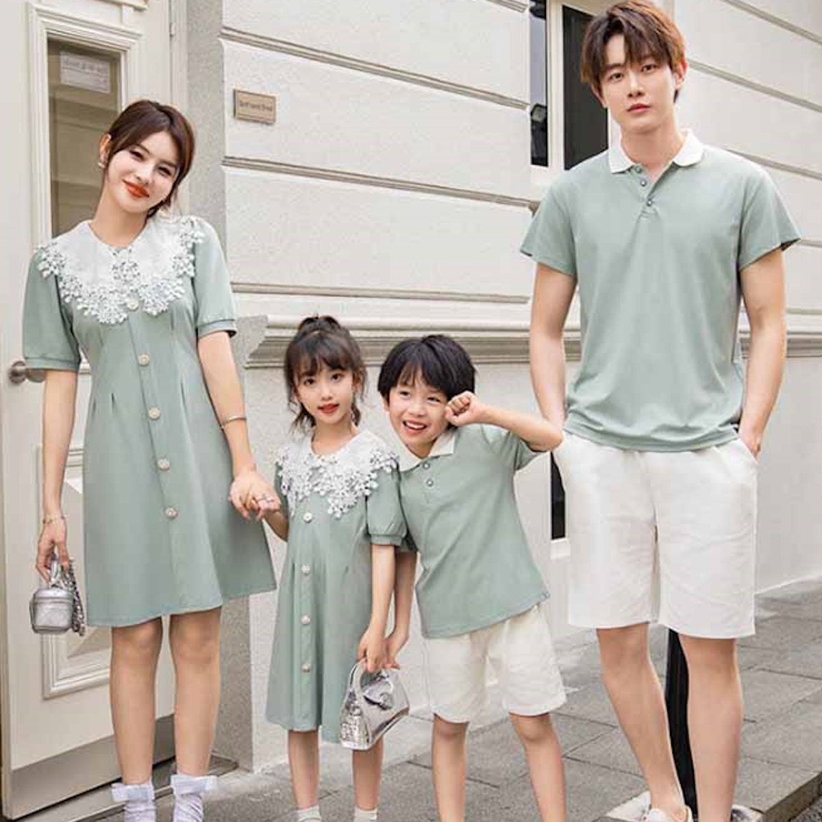 Family Matching Outfits Green Tee and Mint Green Short Sleeve Dress - ChildAngle