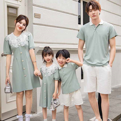 Family Matching Outfits Green Tee and Mint Green Short Sleeve Dress - ChildAngle