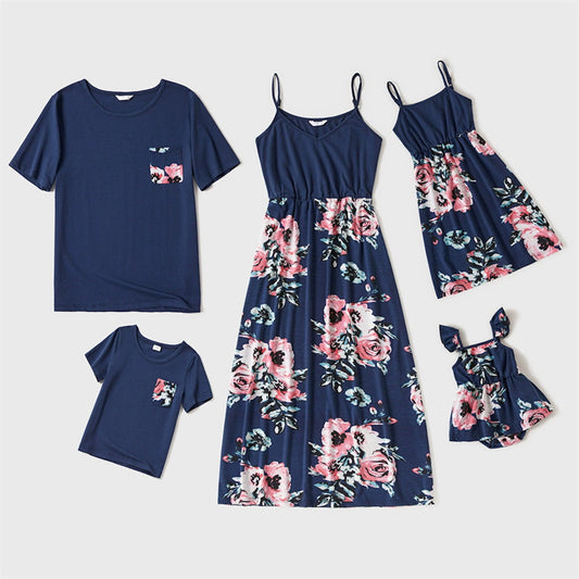 Family Matching Outfits Floral Front Pocket Shirt and Flower Slip Dress - ChildAngle