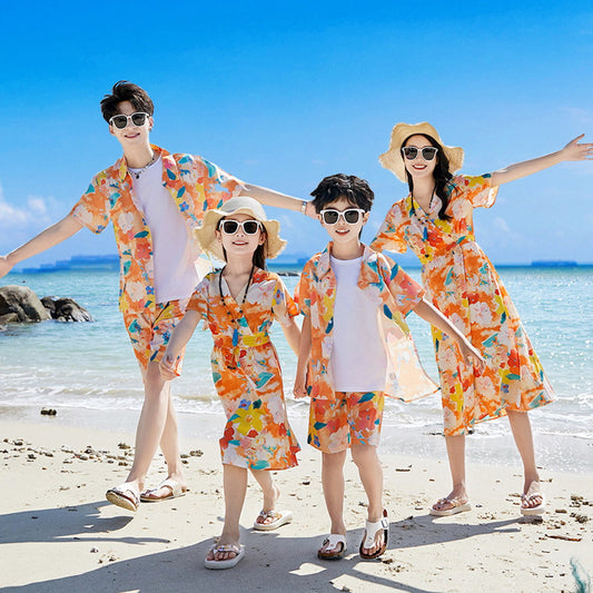 Family Matching Outfits Vacation Tropical Flower Print Polo Shirts and Floral Print Wrap Dress - ChildAngle
