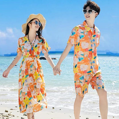 Family Matching Outfits Vacation Tropical Flower Print Polo Shirts and Floral Print Wrap Dress - ChildAngle