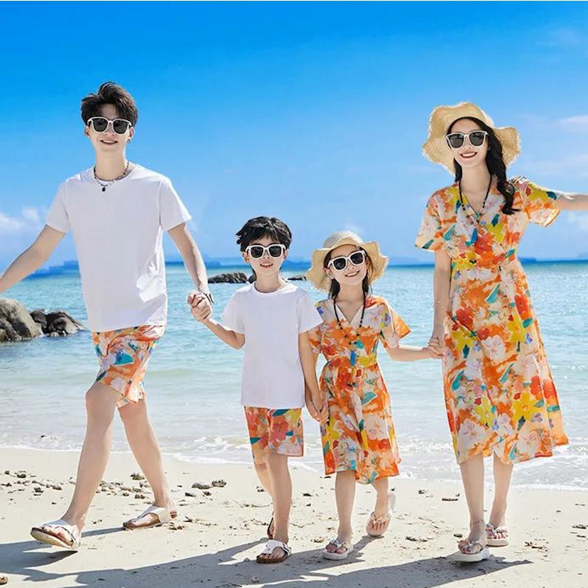 Family Matching Outfits Vacation Tropical Flower Print Polo Shirts and Floral Print Wrap Dress - ChildAngle
