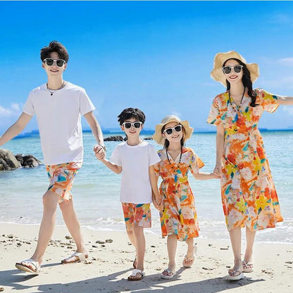Family Matching Outfits Vacation Tropical Flower Print Polo Shirts and Floral Print Wrap Dress - ChildAngle
