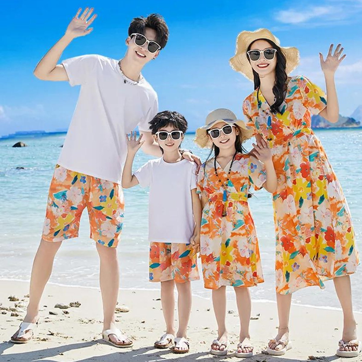 Family Matching Outfits Vacation Tropical Flower Print Polo Shirts and Floral Print Wrap Dress - ChildAngle