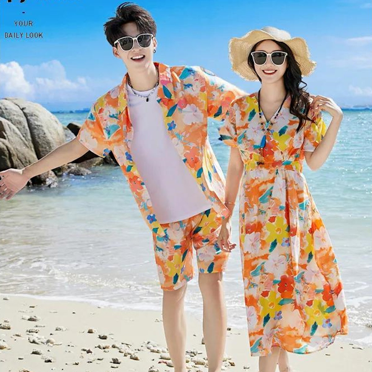 Family Matching Outfits Vacation Tropical Flower Print Polo Shirts and Floral Print Wrap Dress - ChildAngle