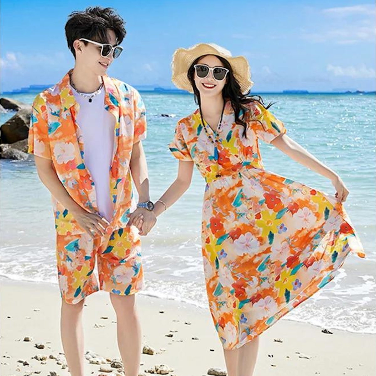 Family Matching Outfits Vacation Tropical Flower Print Polo Shirts and Floral Print Wrap Dress - ChildAngle