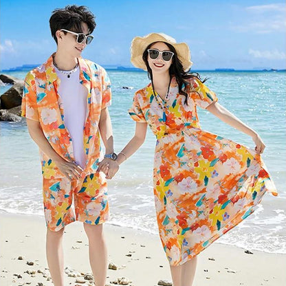 Family Matching Outfits Vacation Tropical Flower Print Polo Shirts and Floral Print Wrap Dress - ChildAngle