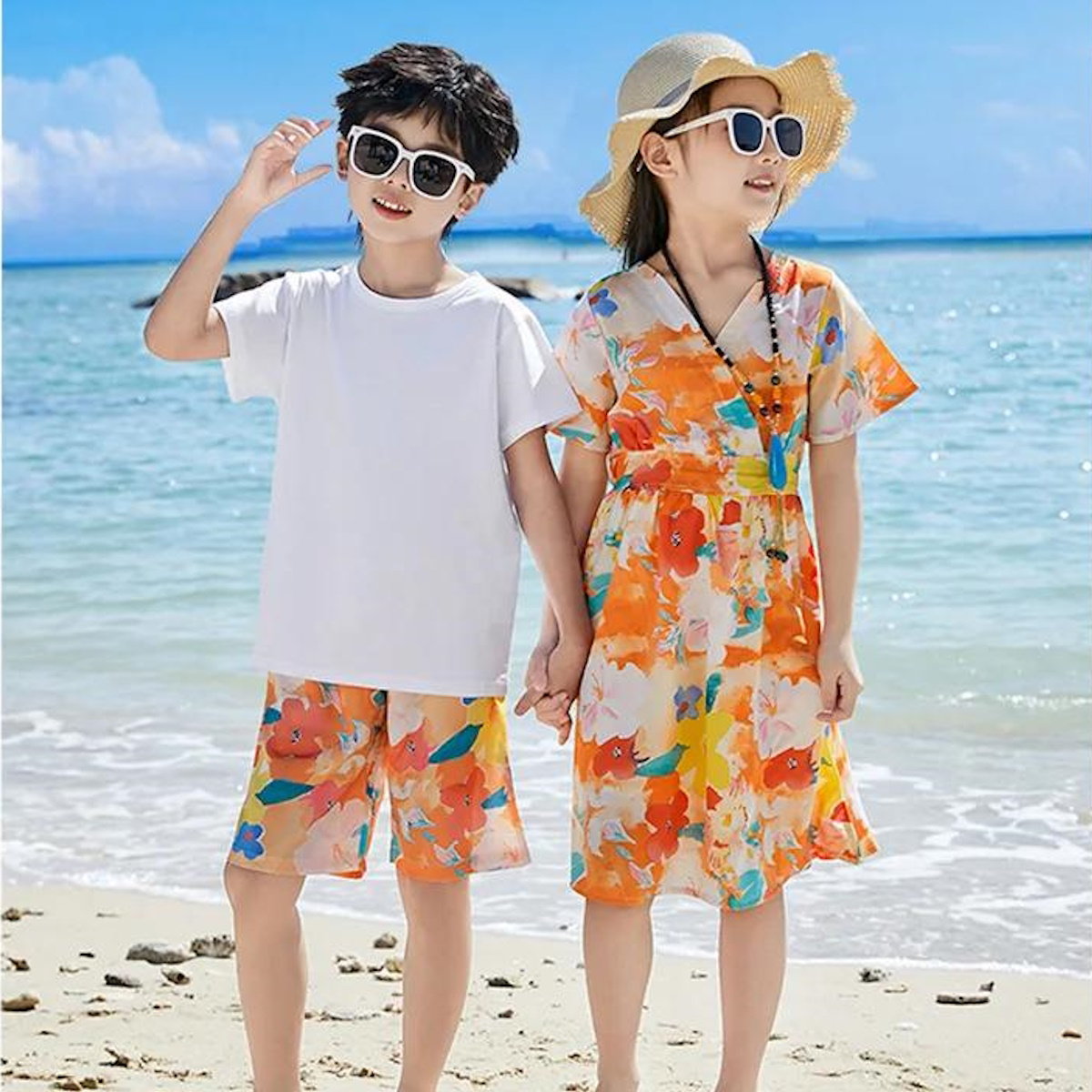 Family Matching Outfits Vacation Tropical Flower Print Polo Shirts and Floral Print Wrap Dress - ChildAngle