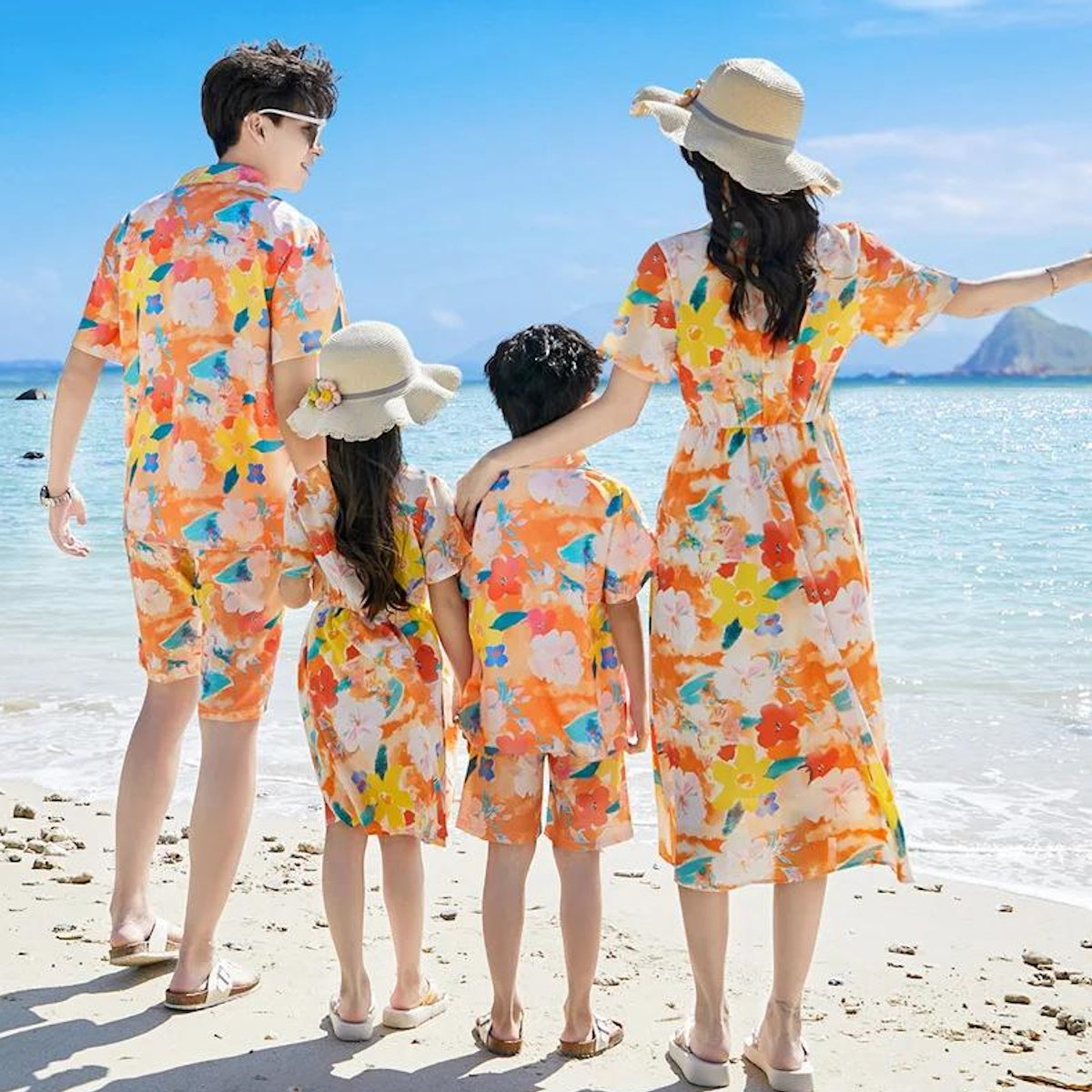Family Matching Outfits Vacation Tropical Flower Print Polo Shirts and Floral Print Wrap Dress - ChildAngle