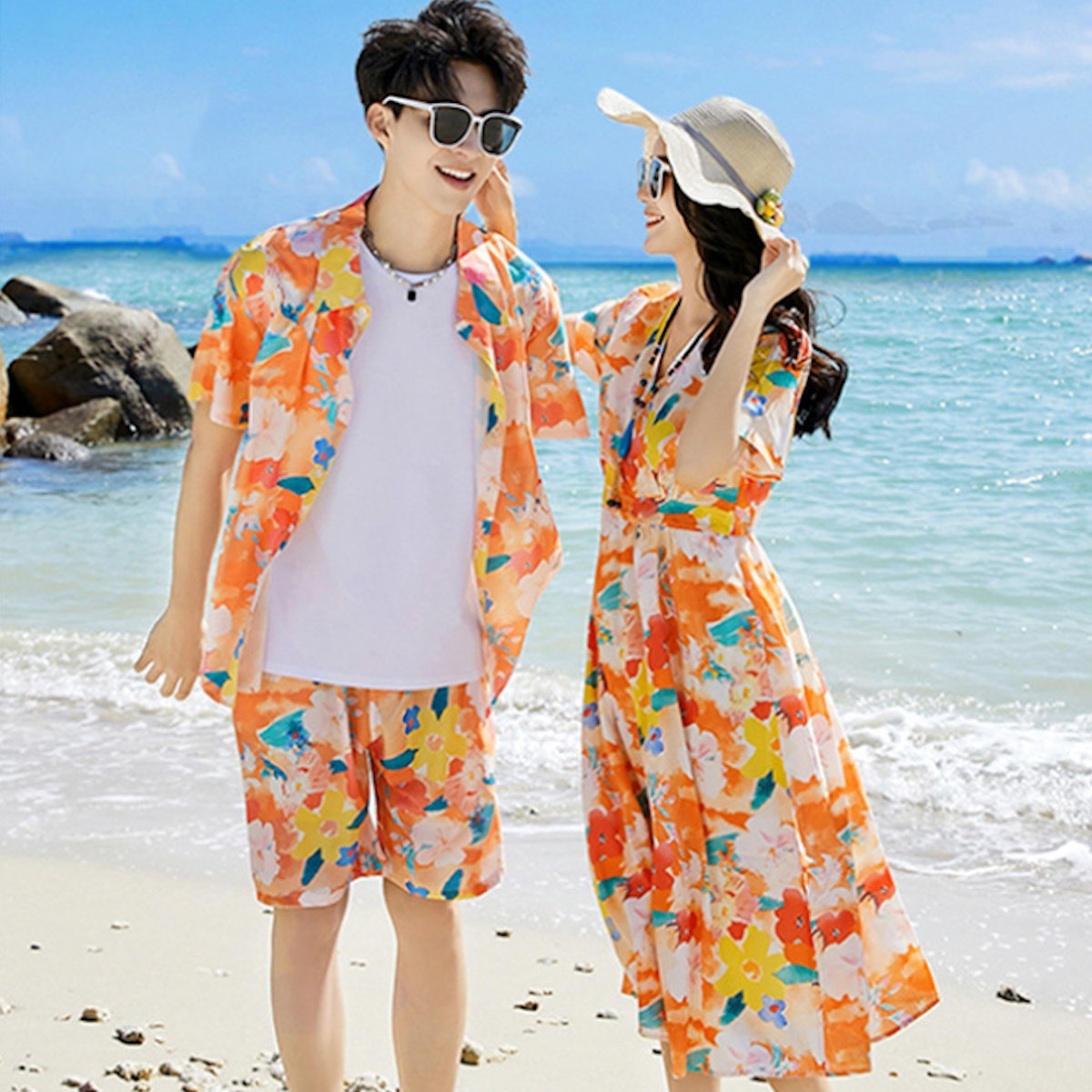 Family Matching Outfits Vacation Tropical Flower Print Polo Shirts and Floral Print Wrap Dress - ChildAngle