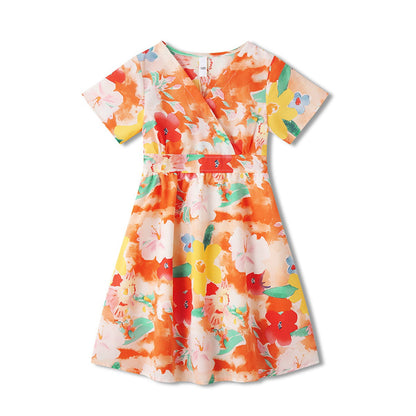 Family Matching Outfits Vacation Tropical Flower Print Polo Shirts and Floral Print Wrap Dress - ChildAngle