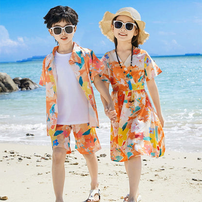 Family Matching Outfits Vacation Tropical Flower Print Polo Shirts and Floral Print Wrap Dress - ChildAngle