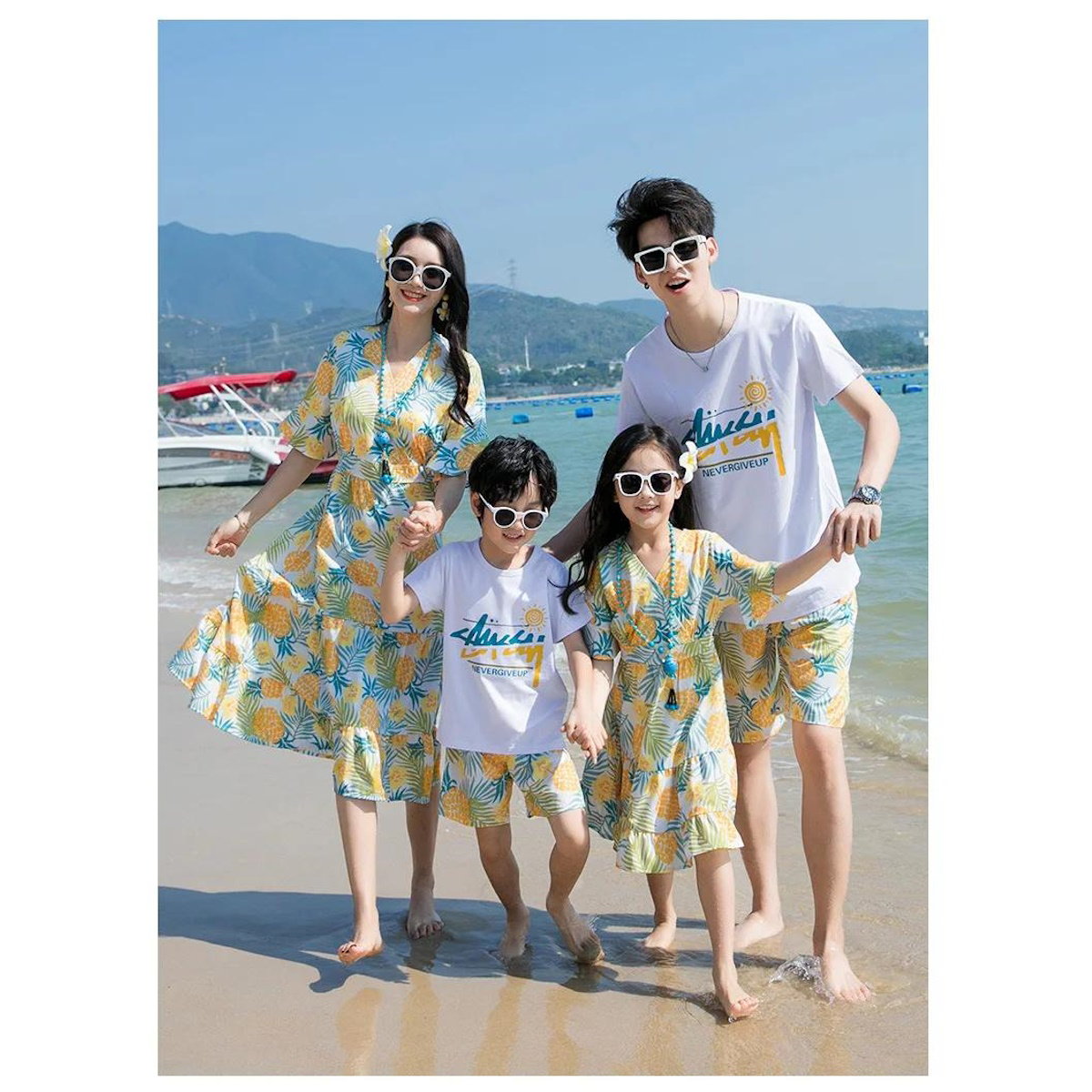 Family of four in matching outfits on a beach  Pineapple Family Matching Outfits - ChildAngle