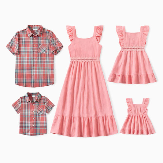 Family Matching Outfits Plaid Polo Shirts Matching T-Shirts and Cotton Shirred Back Flutter Strap Dress - ChildAngle