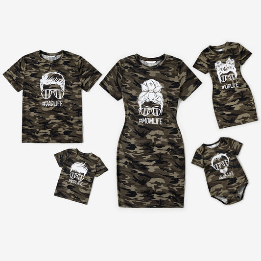 Family Matching Outfits Portrait Printed Camo T-Shirts and Bodycon Dress - ChildAngle