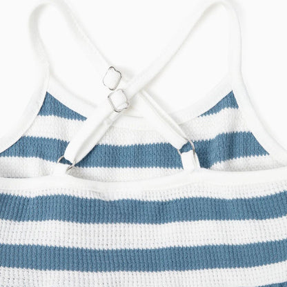 Family Matching Outfits Preppy Style Striped Front Pockets Matching T-Shirts and Striped Print Strappy V Neck A Line Dress - ChildAngle