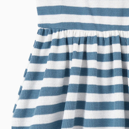 Family Matching Outfits Preppy Style Striped Front Pockets Matching T-Shirts and Striped Print Strappy V Neck A Line Dress - ChildAngle