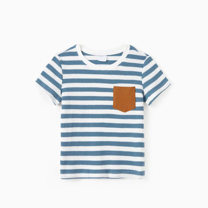 Family Matching Outfits Preppy Style Striped Front Pockets Matching T-Shirts and Striped Print Strappy V Neck A Line Dress - ChildAngle