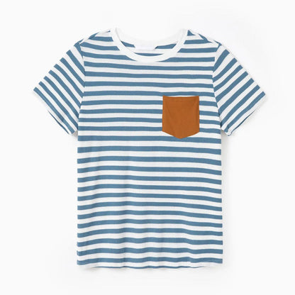 Family Matching Outfits Preppy Style Striped Front Pockets Matching T-Shirts and Striped Print Strappy V Neck A Line Dress - ChildAngle