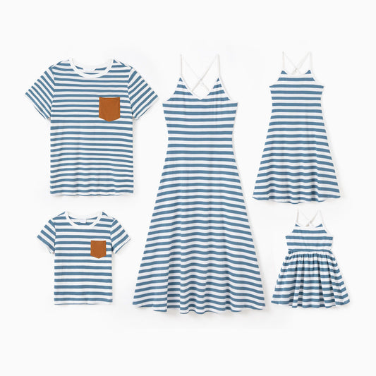 Family Matching Outfits Preppy Style Striped Front Pockets Matching T-Shirts and Striped Print Strappy V Neck A Line Dress - ChildAngle