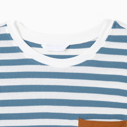 Family Matching Outfits Preppy Style Striped Front Pockets Matching T-Shirts and Striped Print Strappy V Neck A Line Dress - ChildAngle