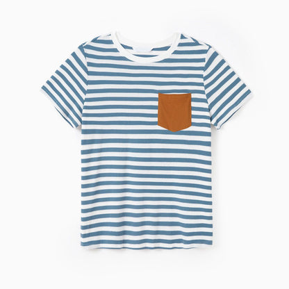 Family Matching Outfits Preppy Style Striped Front Pockets Matching T-Shirts and Striped Print Strappy V Neck A Line Dress - ChildAngle