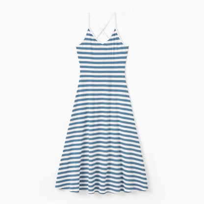 Family Matching Outfits Preppy Style Striped Front Pockets Matching T-Shirts and Striped Print Strappy V Neck A Line Dress - ChildAngle
