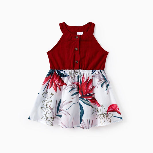 Family Matching Outfits Red Floral Cami Top Button Up Dress and Stripe Polo Shirt Set - ChildAngle