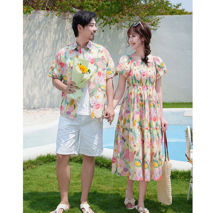 Flower Print Halter Front Shirred Dress Shirts and Shorts for Whole Family - ChildAngle