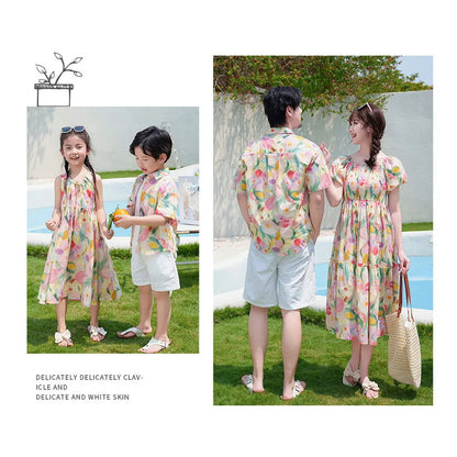 Flower Print Halter Front Shirred Dress Shirts and Shorts for Whole Family - ChildAngle