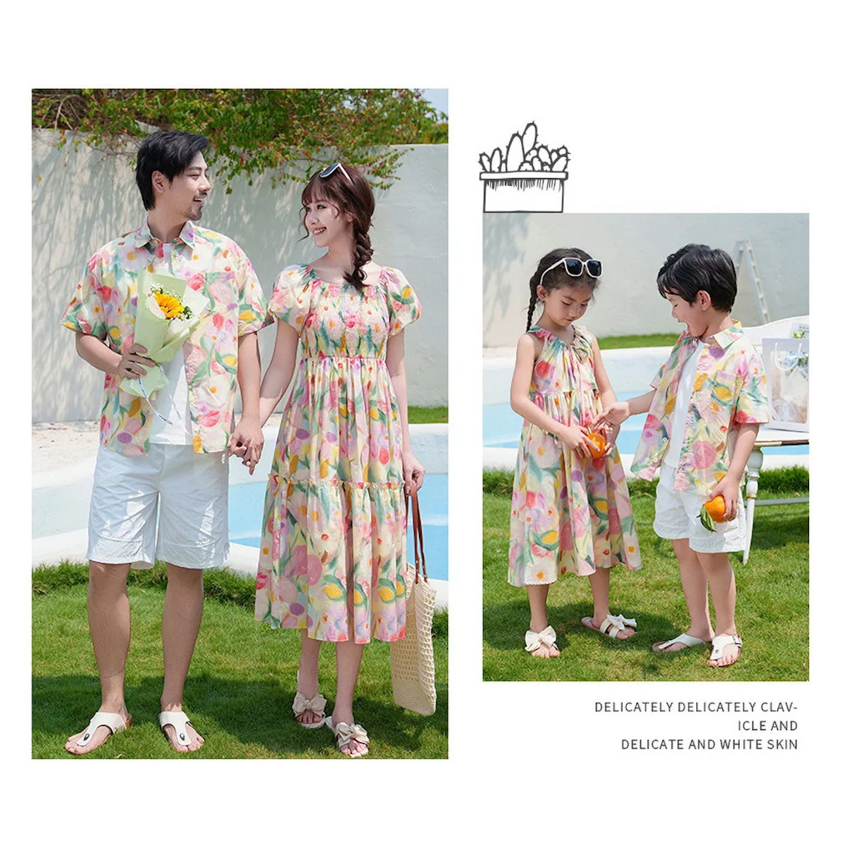 Flower Print Halter Front Shirred Dress Shirts and Shorts for Whole Family - ChildAngle