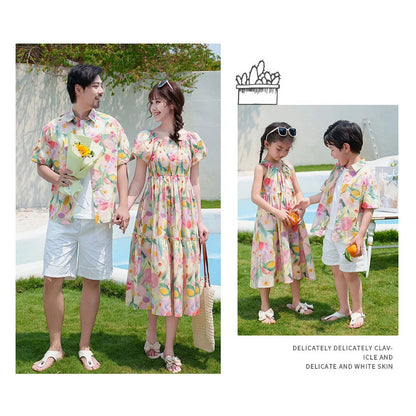 Flower Print Halter Front Shirred Dress Shirts and Shorts for Whole Family - ChildAngle